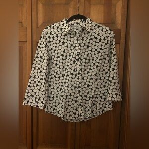 J'Envie Women's 10 Blue/Black White Cotton Circle Patterned Top W/ 3/4 Sleeves